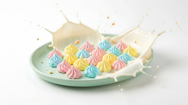 Colorful meringue cookies on a plate with milk splash