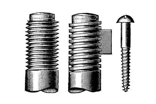 Three machine screws of varying sizes and thread patterns, mechanical line engraving, old vintage illustration, 1897.