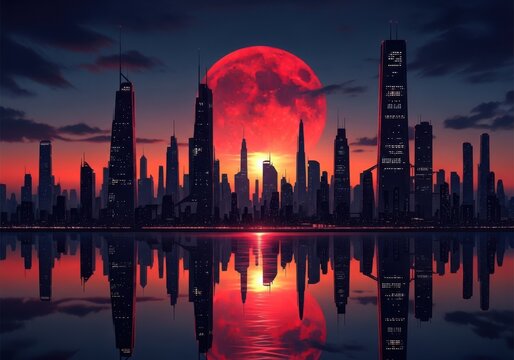 Large red moon rising behind city skyline with skyscrapers reflecting in water at dark night