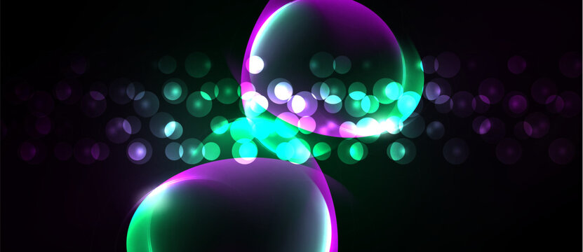 Vibrant bubbles float against dark background. Glowing orbs create abstract, luminous composition. Colors blend, forming dynamic visual effect.