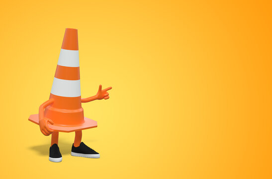 Funny 3D traffic cone character pointing isolated on yellow background