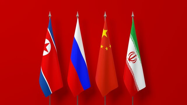 National flags of North Korea, Russia, China, and Iran on a red background
