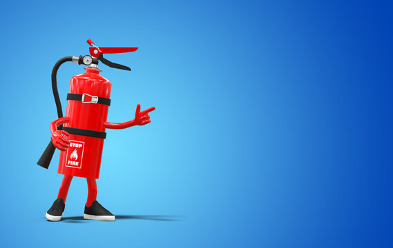 Funny 3D fire extinguisher character pointing isolated on blue background