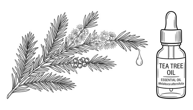 Tea tree oil vector illustration with melaleuca alternifolia plant branch and essential oil dropper bottle.
