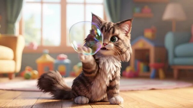 Curious cartoon cat watches a bubble float in a bright playroom
