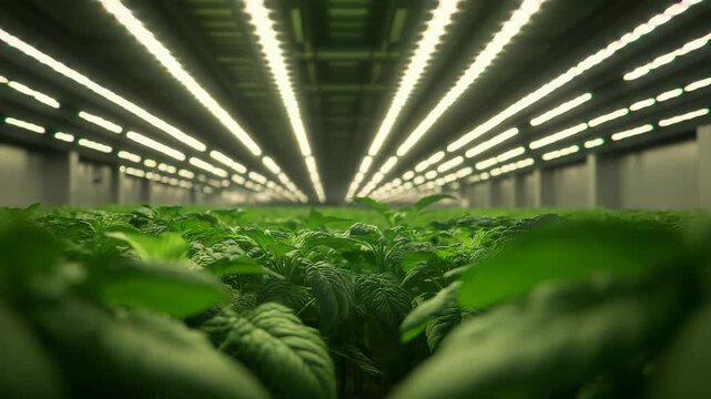 Green leafy plants growing rows within an indoor vertical farm, utilizing led grow lights for optimized hydroponic agricultural production and sustainable future food systems