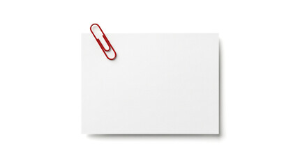 Obraz premium Blank flat rectangular white paper card securely attached with bright red metal paperclip casting soft shadow over plain bright white background