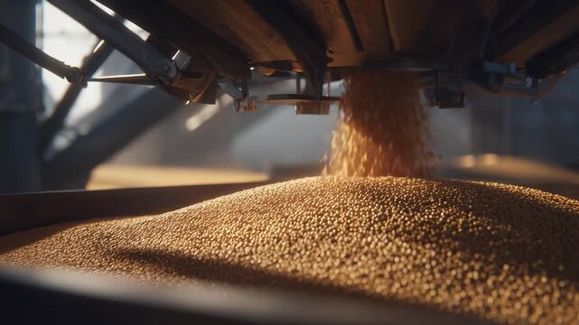 Grain, likely soybeans or lentils, filling a large container from a conveyor system, representing modern agricultural industry, food production, and sustainable farming