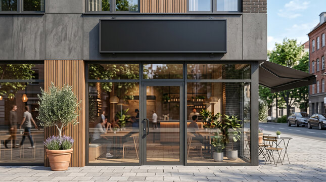 Modern urban cafe exterior featuring blank black rectangular signboard above glass entrance door showing interior seating beside street sidewalk plant decorations