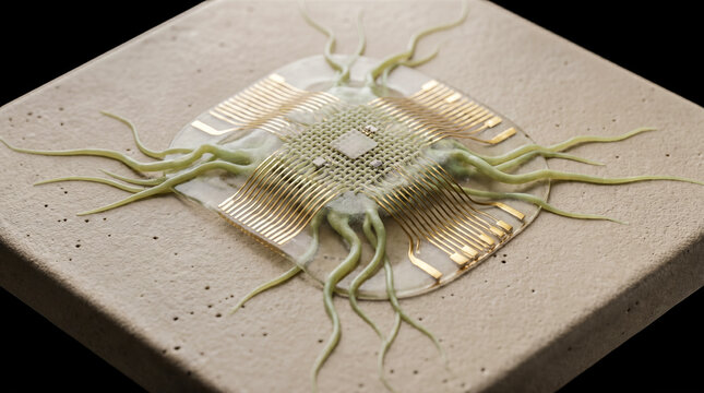 Abstract futuristic biological microchip featuring golden electronic pins connected to organic green tentacles resting on textured square stone surface artificial biology hardware