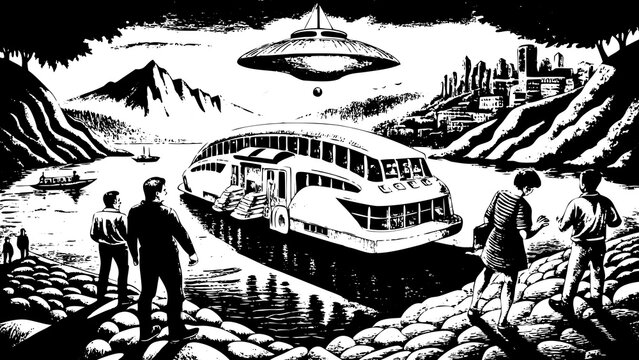 families arriving at a floating eco city after cli