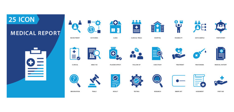 medical report icon set  of recruitment, outcomes, clinic, clinical trials, hospital, feasibility, data sample,
participant, clinical, medical report, analysis, placebo effect, follow up, case study,