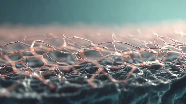 Graphene atom structure forming a hexagonal lattice creating a thin conceptual carbon layer over a textured dark surface, illustrating advanced nanotechnology and material engineering