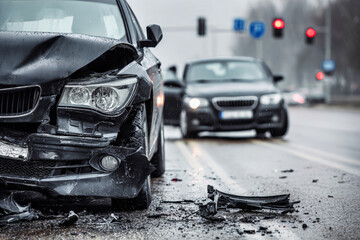 Fototapeta premium Two cars are involved in a collision on a city street. One vehicle is damaged, while the other is stopped at a red light. Rain is falling