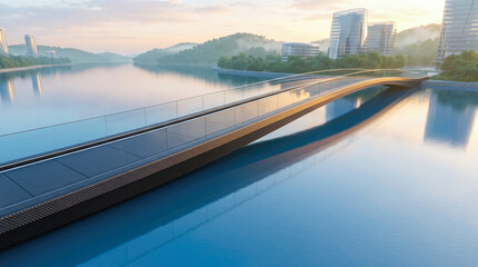 Fototapeta premium Sleek modern pedestrian bridge stretching across calm peaceful blue water toward futuristic bright city buildings surrounded by atmospheric gentle morning fog