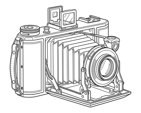 Large format bellows camera line art illustration vector graphic depicting professional equipment.