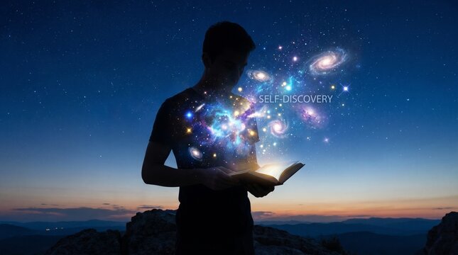 Human Silhouette Opening Chest Filled with Stars and Galaxies Self Discovery Concept Scene