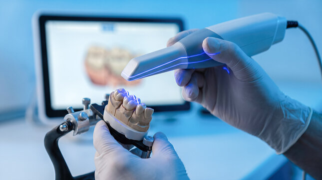 Professional dental technician scanning realistic plaster teeth model using advanced digital handheld scanner device inside modern medical laboratory creating precise anatomical orthodontic implants