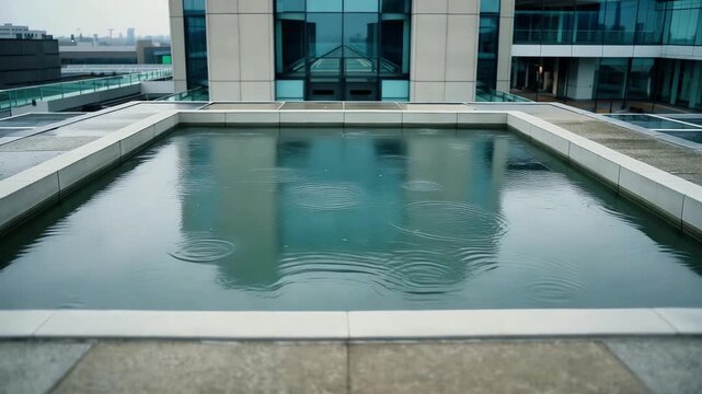 Watching light raindrops falling into square design pool on top of skyscraper roof where modern office building facade reflects in calm water surface during cloudy grey rainy autumn morning