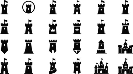 Collection of medieval castle tower and fortress silhouettes with battlements, turrets, and flags arranged in grid design © Niheranjan