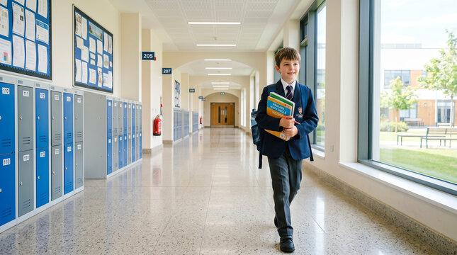 Happy cute young schoolboy wearing neat uniform holding colorful textbooks walking confidently down bright clean elementary school hallway ready for morning classes