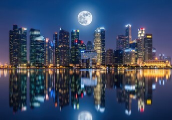 Fototapeta premium Modern city skyline at night with a bright full moon reflecting in the calm water of the bay