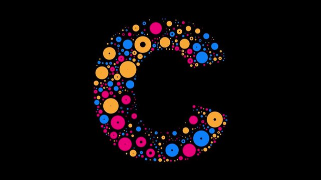Letter C colorful dots blue yellow and red bubbling on black background letter animation