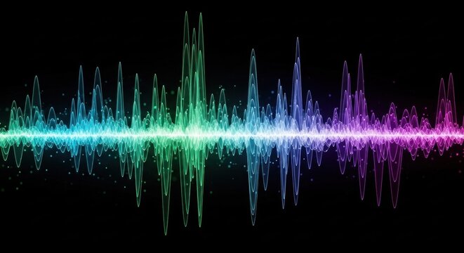 A colorful, abstract sound wave with a black background.