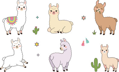 Fototapeta premium Cute Alpaca and Llama Cartoon Collection with Boho Decorations Cactus Desert Elements and Adorable South American Animal Characters