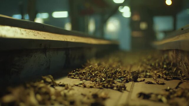 Dried tea leaves actively moving along a wooden conveyor belt inside an industrial or agricultural processing facility, emphasizing the initial stages of production and manufacturing