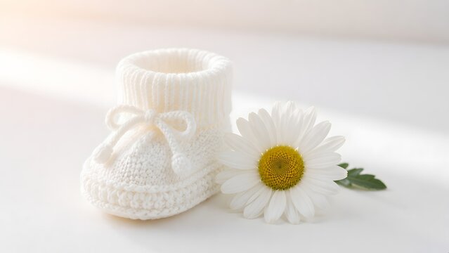 Delicate white knitted baby bootie with a fresh daisy, symbolizing new beginnings and purity.