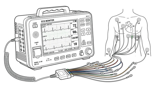 Ecg monitor with electrodes on human body for heart rate tracking vector illustration line art.