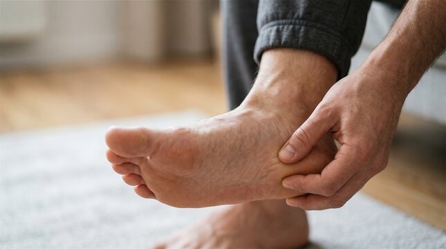 Man suffering from foot pain, massaging his heel at home indoors scene