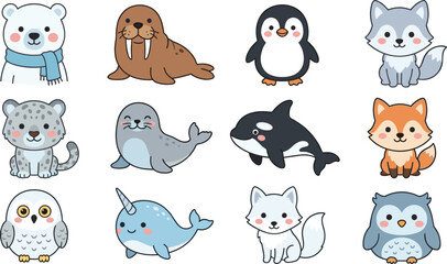 Cute Arctic and Forest Animal Collection Featuring Polar Bear Walrus Penguin Wolf Leopard Seal Orca Fox Owl and Narwhal © Bokul