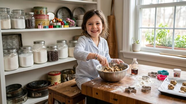 A delightful young child joyfully engages in a home baking experience, creating delicious cookies in a cozy kitchen, capturing childhood innocence and domestic bliss