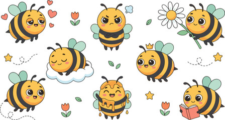 Naklejka premium Cute Bee Cartoon Collection Featuring Reading Sleeping Honey Dripping Royal Bee and Flower-Themed Pollinator Characters Vector Illustration