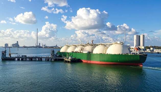 LNG tanker docked at industrial port, loading or unloading liquefied natural gas