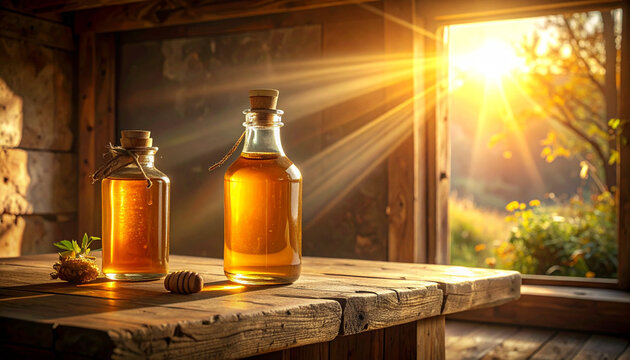 Bottles of amber liquid on a rustic wooden table with bright sunlight