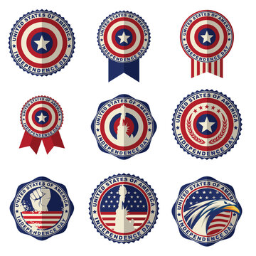 USA Independence Day Emblem Set &ndash; Vintage Badge & Ribbon Vector Collection