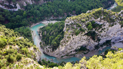 Obraz premium Verdon Gorges river winding through its green valley, Alpes-de-Haute-Provence, France, Europe. 