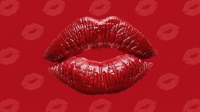 Glossy red lips on a red background