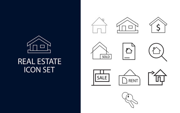 Modern real estate line icon set featuring property, house, apartment, building, mortgage, investment, realtor, location pin, contract, key and smart home symbols. Editable stroke vector collection