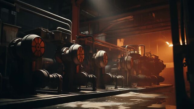 Industrial machinery and pipeline systems working in a dark factory interior, with atmospheric light beams illuminating the heavy equipment and wet floor