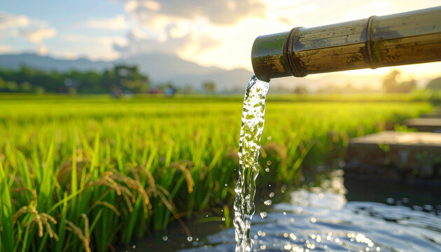 Clear water flowing from bamboo spout into rice paddy field at sunset