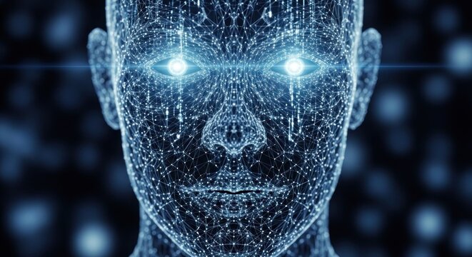 A digital representation of a human face with glowing eyes and a wireframe mesh, set against a dark, starry background.