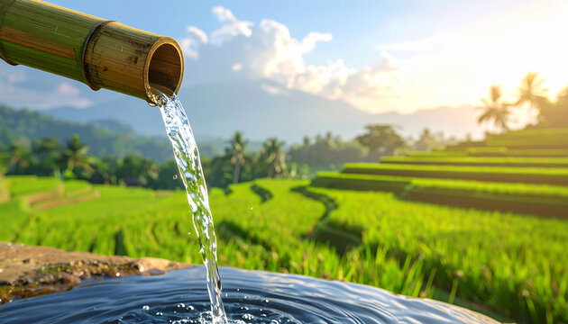 Clear water flows from bamboo into a pool near green rice terraces