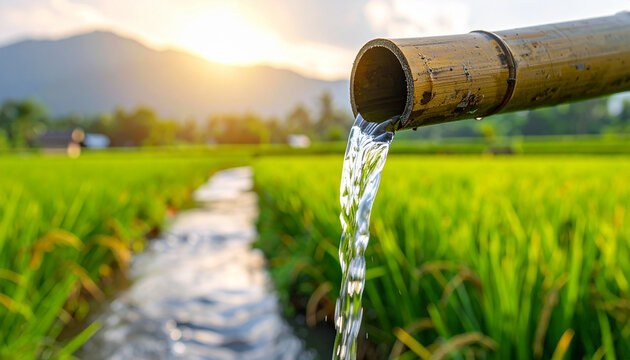 Clear water flows from bamboo tube into lush green rice field at sunset