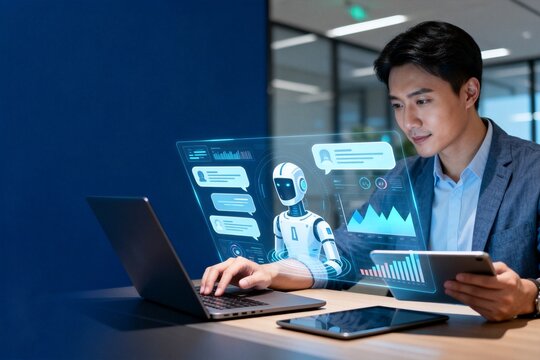 Man using laptop with holographic AI interface