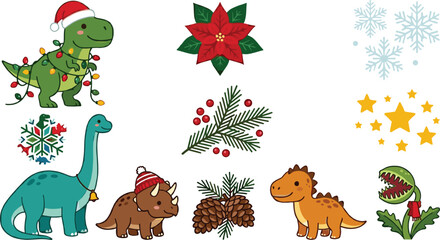 Cute Christmas Dinosaur Collection Featuring Tyrannosaurus Brachiosaurus Triceratops and Festive Holiday Elements Cartoon Vector Illustration Set © Bokul