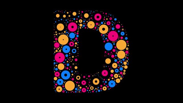 Letter D colorful dots blue yellow and red bubbling on black background letter animation